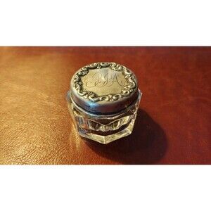 MINIATURE JAR WITH CUT CRYSTAL DRESSER /TOILETRIES JAR, STERLING SILVER LID